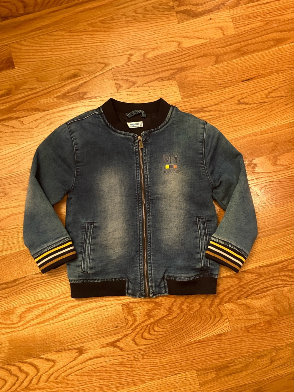 Mayoral Blue Denim-Style Bomber Jacket with Yellow & Navy Stripe Cuffs